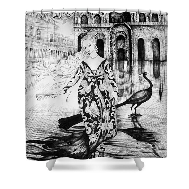 Pen And Ink Shower Curtain featuring the drawing Italian Fantasies.Venice. Acqua alta by Anna Duyunova