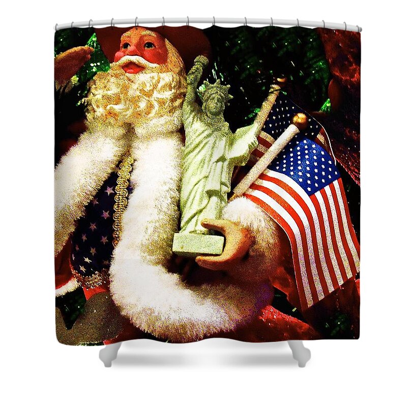 Santa Holding American Flag Shower Curtain featuring the photograph Patriotic Santa by Joan Reese