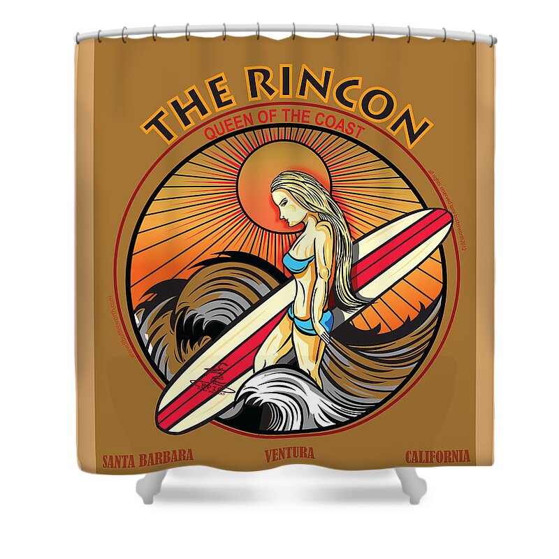 Surfing Shower Curtain featuring the digital art Surfing Rincon Ventura California Queen Of The Coast by Larry Butterworth