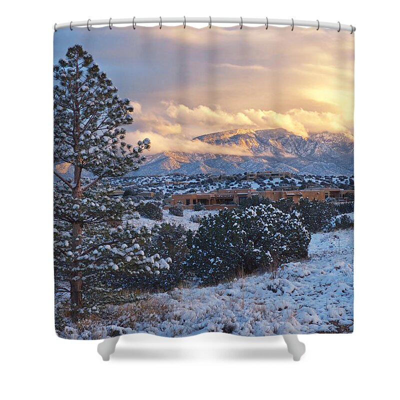 Landscapes Shower Curtain featuring the photograph Sandia Mountains with Snow at Sunset by Mary Lee Dereske