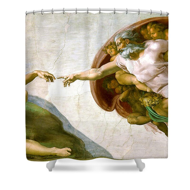 Michelangelo Di Lodovico Shower Curtain featuring the painting  The Creation of Adam by Michelangelo di Lodovico Buonarroti Simoni