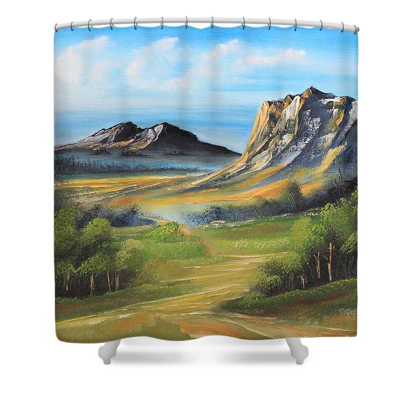 Beautiful Landscape Shower Curtain featuring the painting Twin Peaks by Remegio Onia