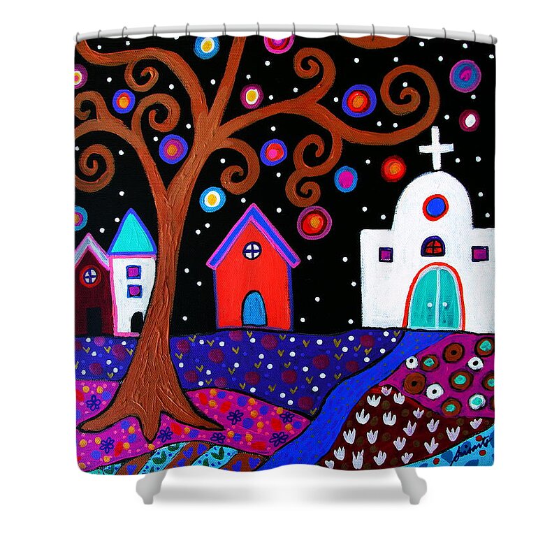 Mexico Shower Curtain featuring the painting Whimsical Town by Pristine Cartera Turkus