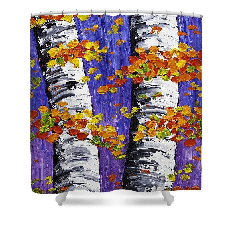 White Shower Curtain featuring the painting White Birch Trees In Fall on Purple Background Painting by Keith Webber Jr