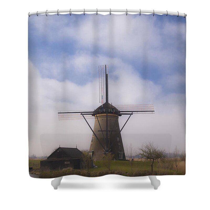 Water Shower Curtain featuring the photograph Windmill in Kinderdijk Netherlands by Maria Heyens