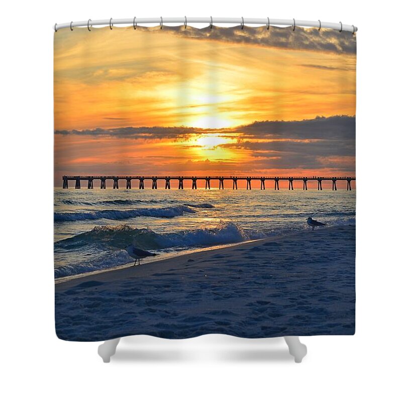 20120108 Shower Curtain featuring the photograph 0108 Sunset Colors over Navarre Pier on Navarre Beach with Gulls by Jeff at JSJ Photography