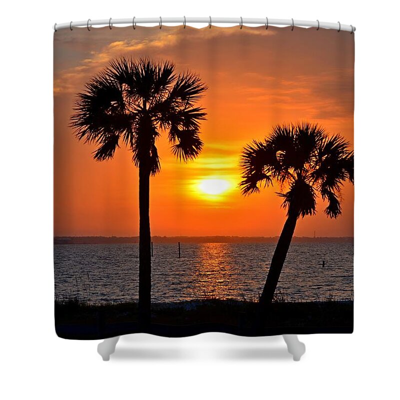 20120602 Shower Curtain featuring the photograph 0602 Pair of Palms at Sunrise by Jeff at JSJ Photography