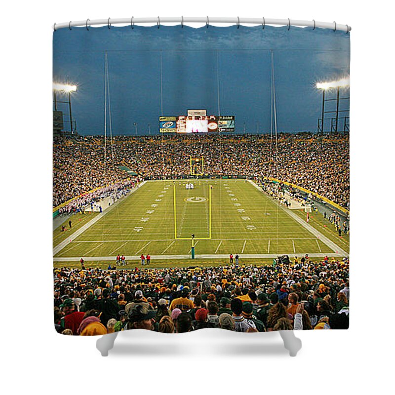 Green Shower Curtain featuring the photograph 0614 Prime Time at Lambeau Field by Steve Sturgill
