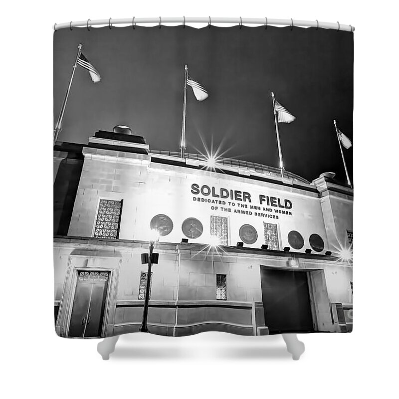 Soldier Shower Curtain featuring the photograph 0879 Soldier Field Black and White by Steve Sturgill