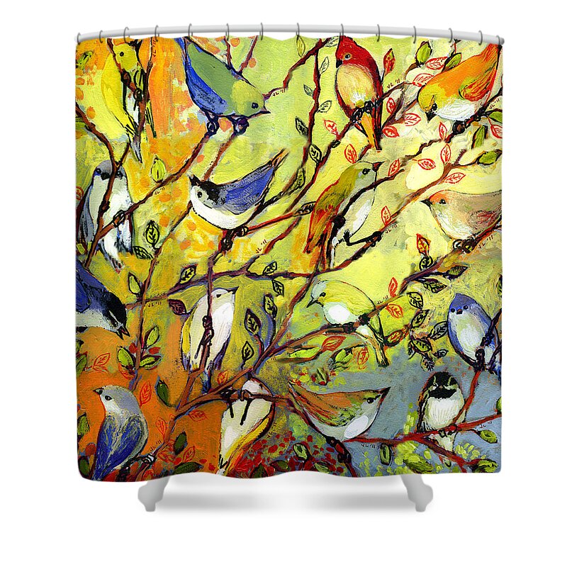 Bird Tree Rainbow Nature Painting Branch Series 16 Sixteen Chickadee Canary Finch Bluebird Jenlo Shower Curtain featuring the painting 16 Birds by Jennifer Lommers