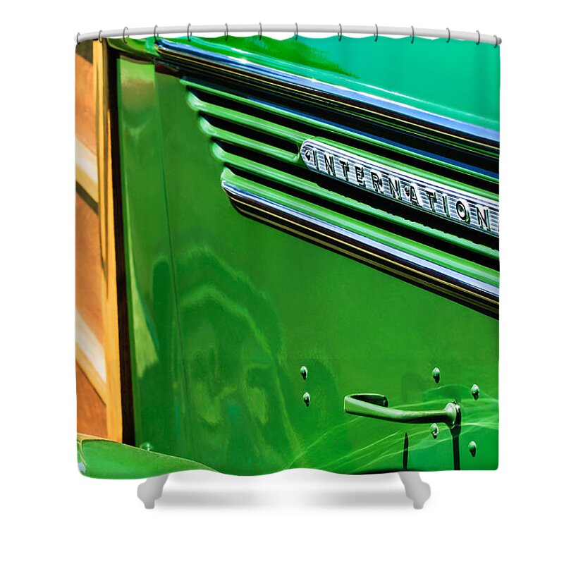 1937 International D-2 Station Wagon Side Emblem Shower Curtain featuring the photograph 1937 International D-2 Station Wagon Side Emblem by Jill Reger