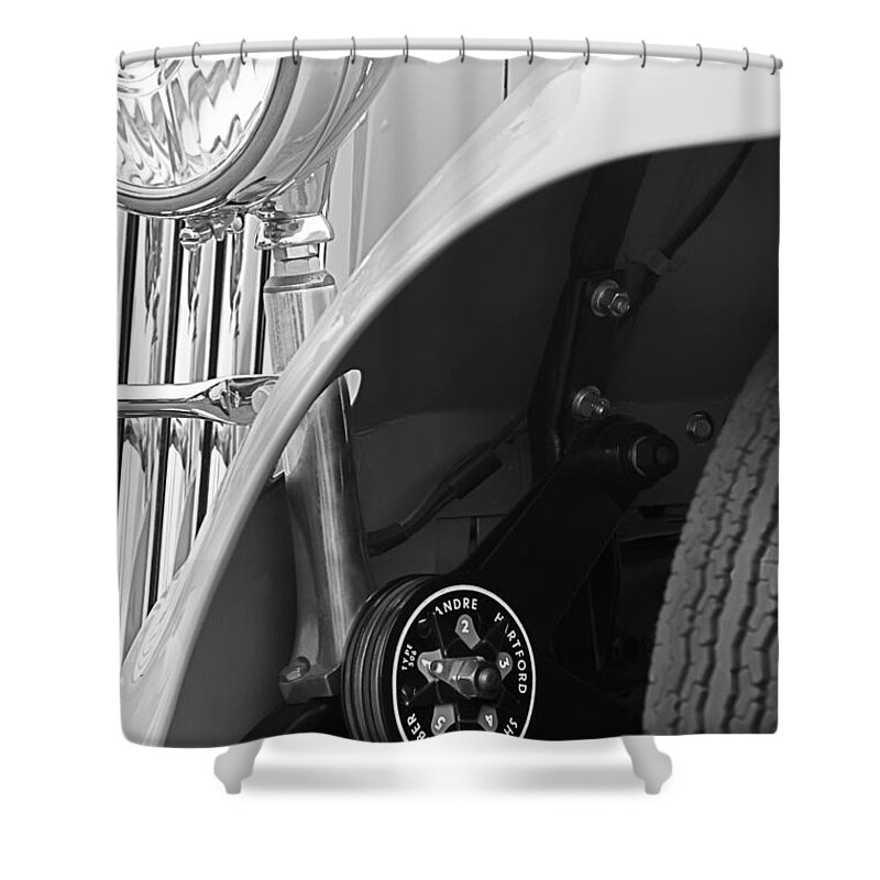 1939 Aston Martin 15/98 Abbey Coachworks Swb Sports Suspension Control Shower Curtain featuring the photograph 1939 Aston Martin 15-98 Abbey Coachworks SWB Sports Suspension Control by Jill Reger