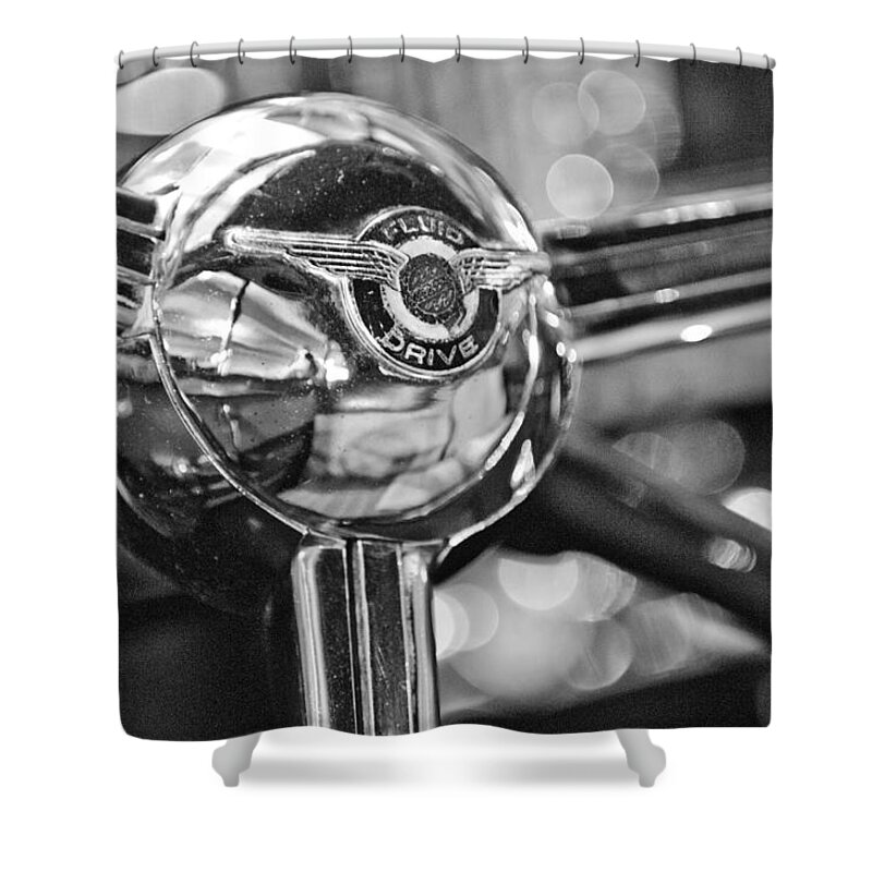 1947 Chrysler New Yorker Town And Country Convertible Steering Wheel Shower Curtain featuring the photograph 1947 Chrysler New Yorker Town and Country Convertible Steering Wheel by Jill Reger