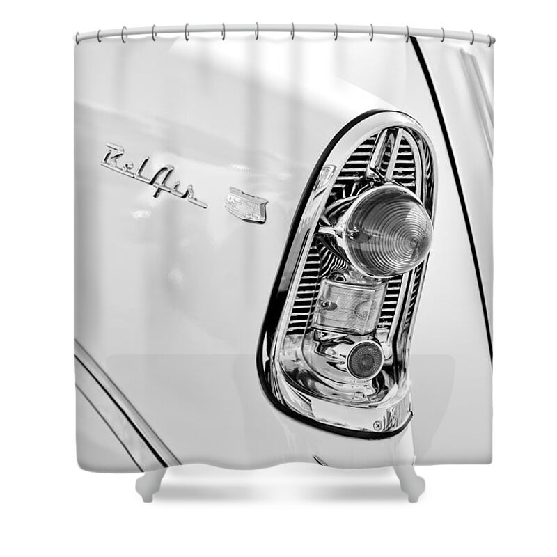 1956 Chevrolet Belair Nomad Taillight Emblem Shower Curtain featuring the photograph 1956 Chevrolet Beliar Nomad Taillight Emblem by Jill Reger