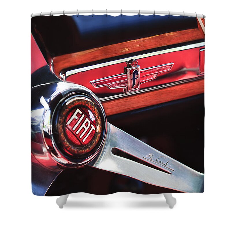 1961 Fiat 1500 S Osca Cabriolet Steering Wheel Shower Curtain featuring the photograph 1961 Fiat 1500 S OSCA Cabriolet Steering Wheel by Jill Reger