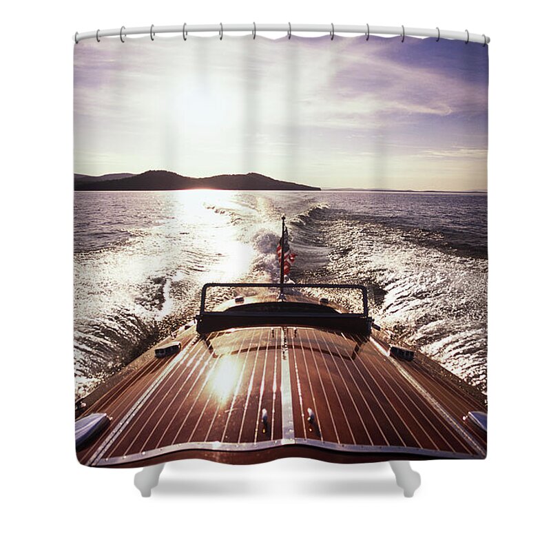 Scenics Shower Curtain featuring the photograph A Classic Wooden Chris-craft Two Co-pit #1 by Dave Shafer