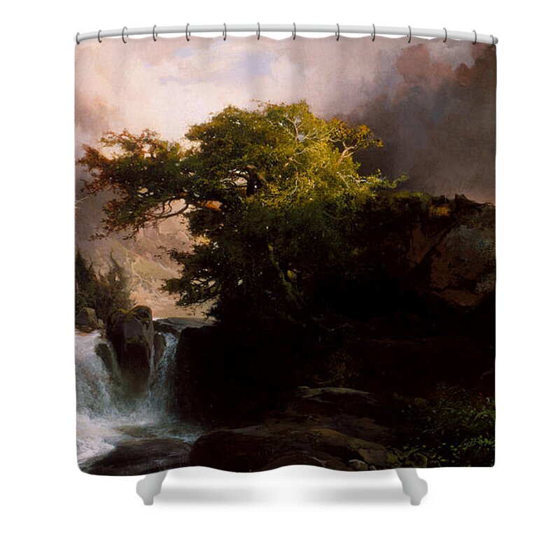 Land Shower Curtain featuring the painting A Mountain Stream by Thomas Moran