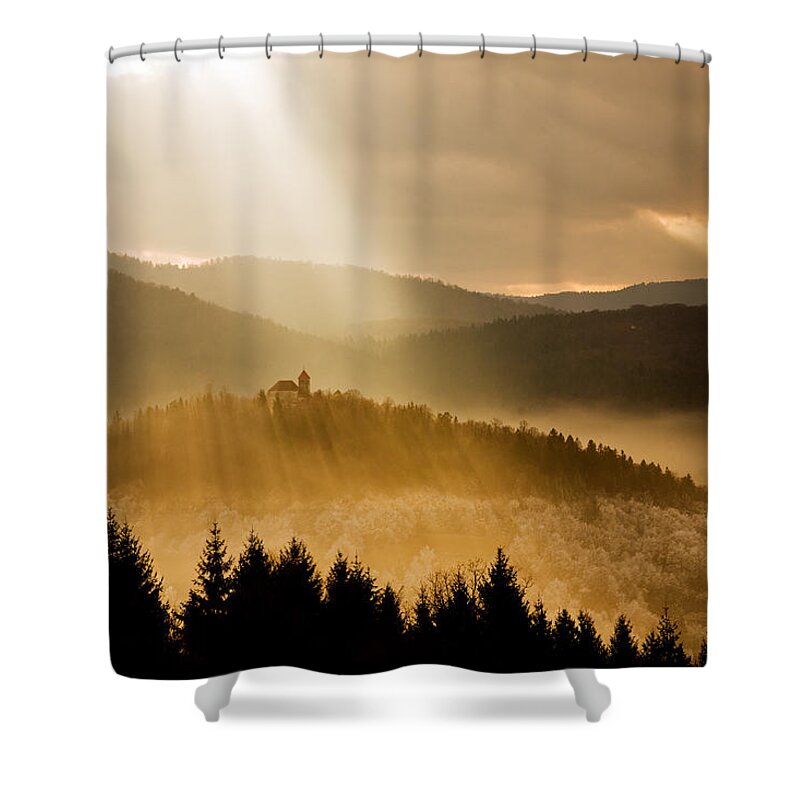 Barje Shower Curtain featuring the photograph Afternoon rays over church #1 by Ian Middleton