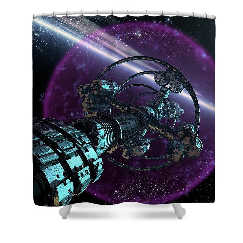 Concepts & Topics Shower Curtain featuring the digital art Alien Spaceship, Artwork #1 by Victor Habbick Visions