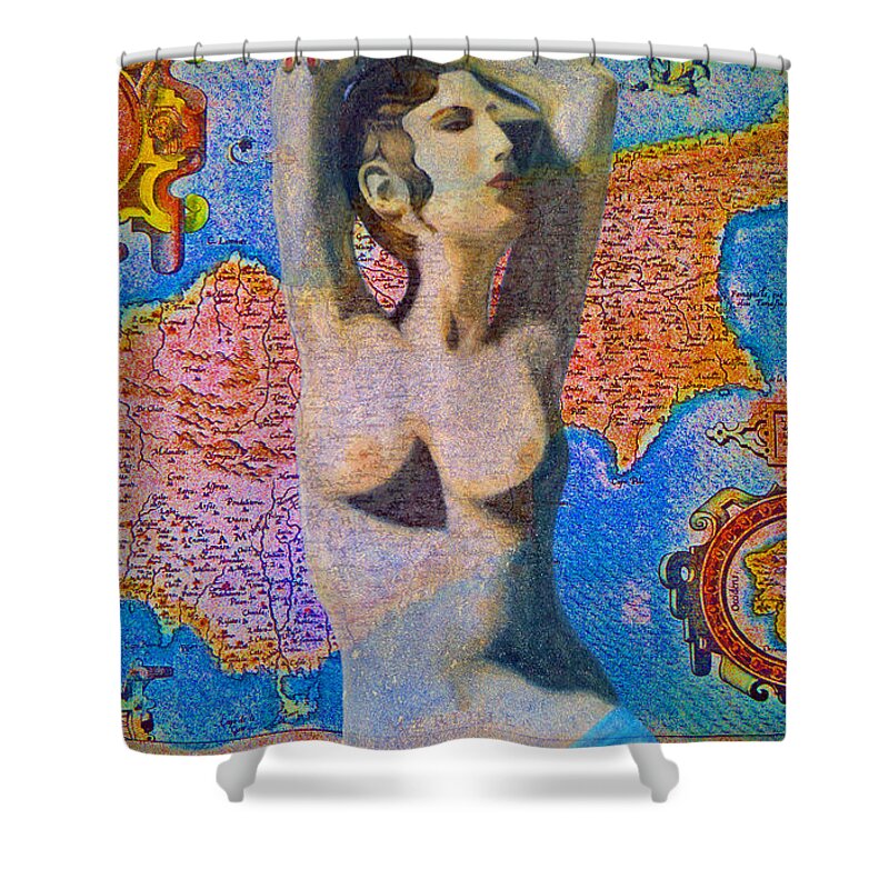 Augusta Stylianou Shower Curtain featuring the digital art Aphrodite and Ancient Cyprus Map #4 by Augusta Stylianou