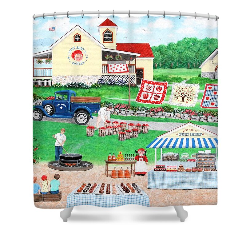 Naive Shower Curtain featuring the painting Aunt Abby's Apples by Wilfrido Limvalencia