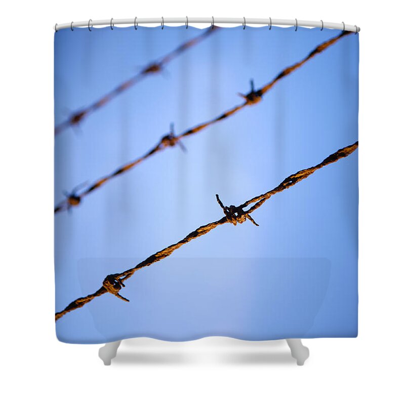 Macro Shower Curtain featuring the photograph Barbed Wire Close #1 by THP Creative