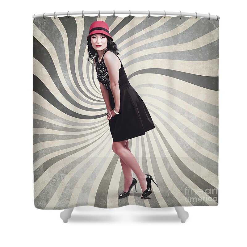 Vintage Shower Curtain featuring the photograph Beautiful asian woman posing. Vintage style #1 by Jorgo Photography