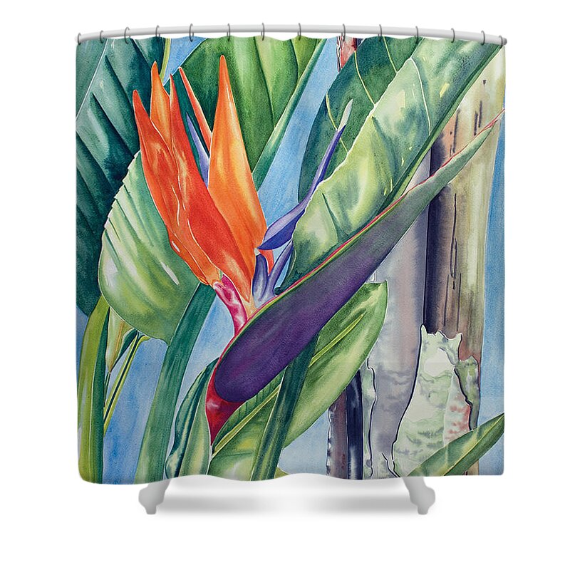Bird Of Paradise Shower Curtain featuring the painting Beauty and the Beast by Kandyce Waltensperger