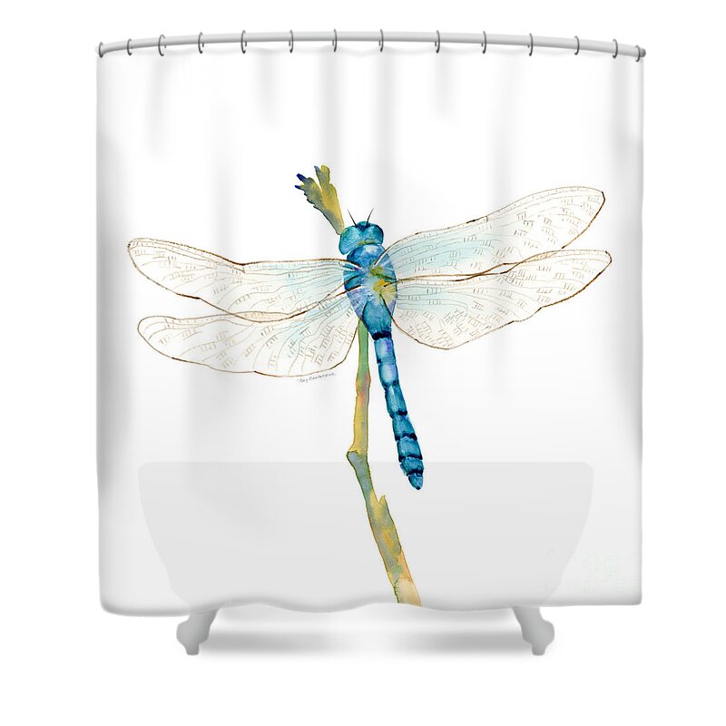 Blue Shower Curtain featuring the painting Blue Dragonfly #1 by Amy Kirkpatrick