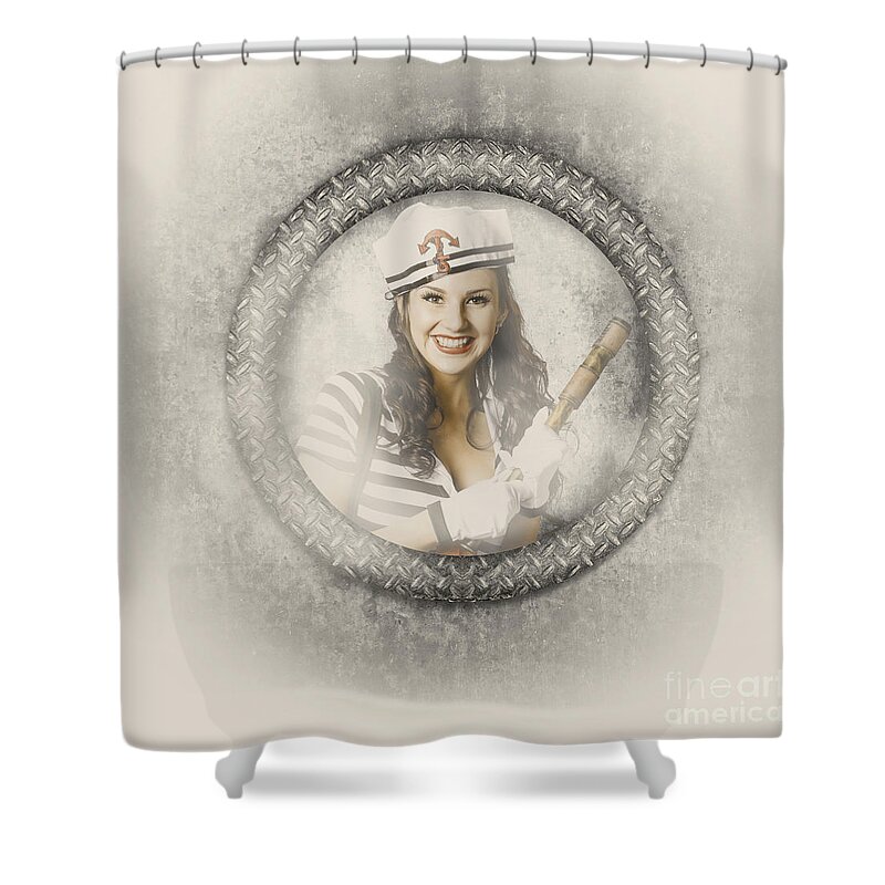 Sailing Shower Curtain featuring the photograph Boating pin-up woman on nautical shipping voyage #1 by Jorgo Photography