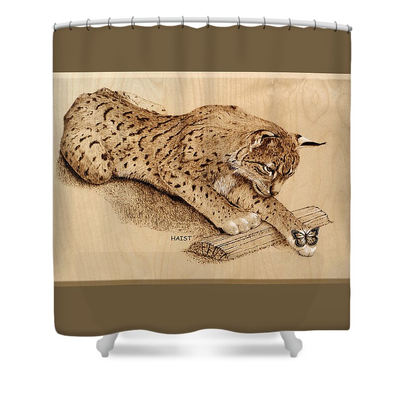 Nature Shower Curtain featuring the pyrography Bobcat and Friend by Ron Haist
