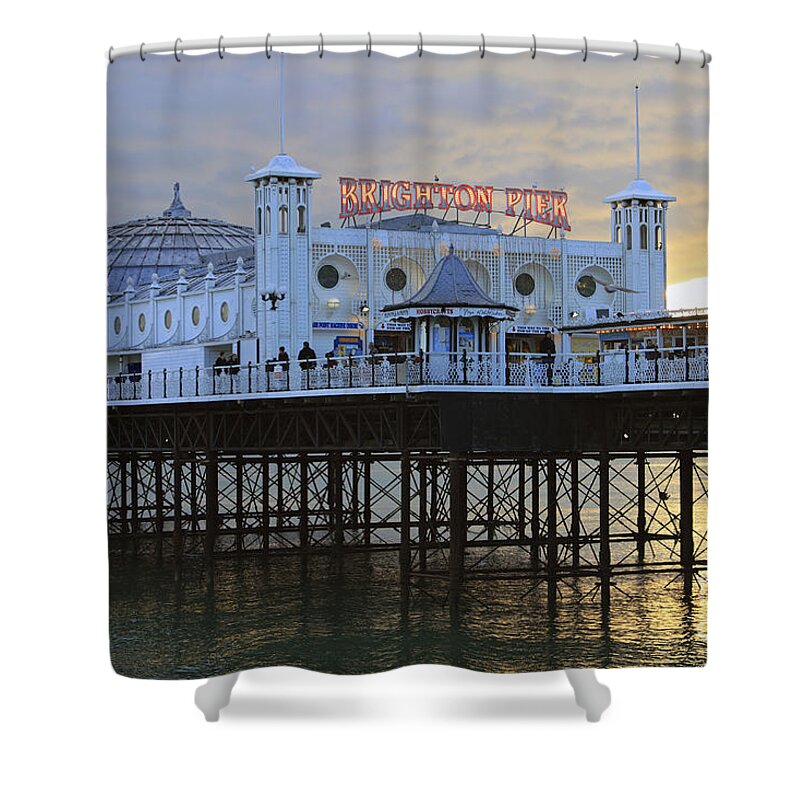 Brighton Pier Uk Dusk Sunset Sussex Coast Sea Evening Victorian Shower Curtain featuring the photograph Brighton Pier UK #2 by Julia Gavin