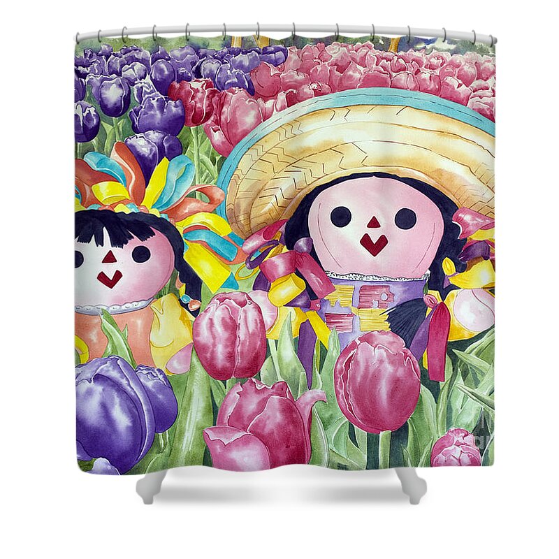Girls Shower Curtain featuring the painting Brings May Flowers by Kandyce Waltensperger