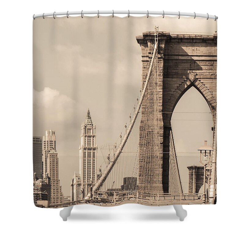 Brooklyn Bridge Shower Curtain featuring the photograph Brooklyn Bridge and Woolworth Building #1 by Frank Winters