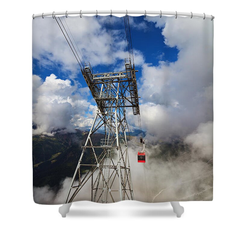 Aerial Shower Curtain featuring the photograph cableway in Dolomites #1 by Antonio Scarpi