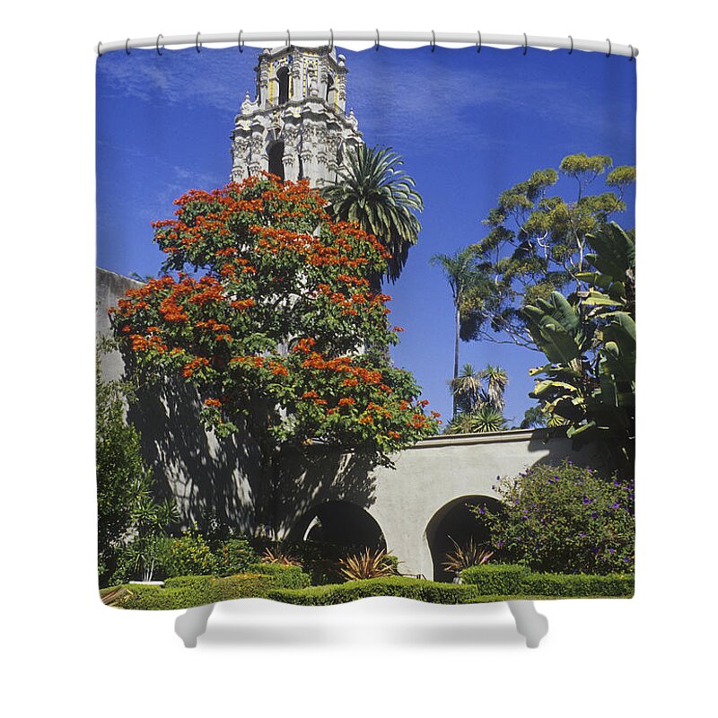 California Tower Shower Curtain featuring the photograph California Tower, Balboa Park #1 by Ellen Thane