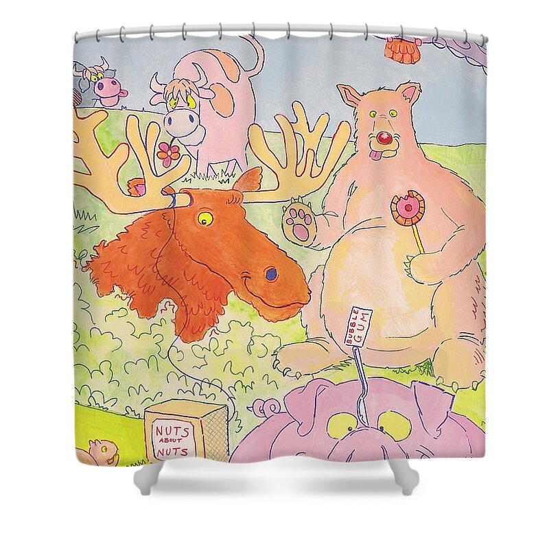 Moose Shower Curtain featuring the painting Cartoon Animals #1 by Mike Jory