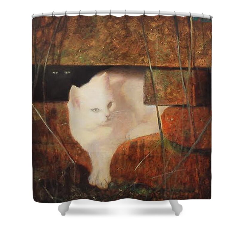 Cat Shower Curtain featuring the painting Castaway Cats by Blue Sky