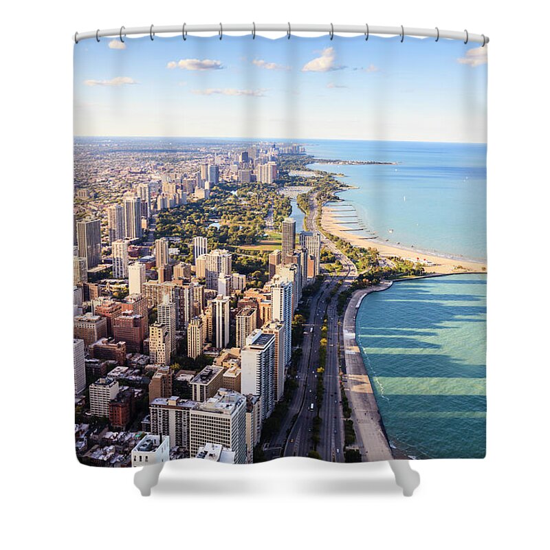Water's Edge Shower Curtain featuring the photograph Chicago Lakefront Skyline by Fraser Hall
