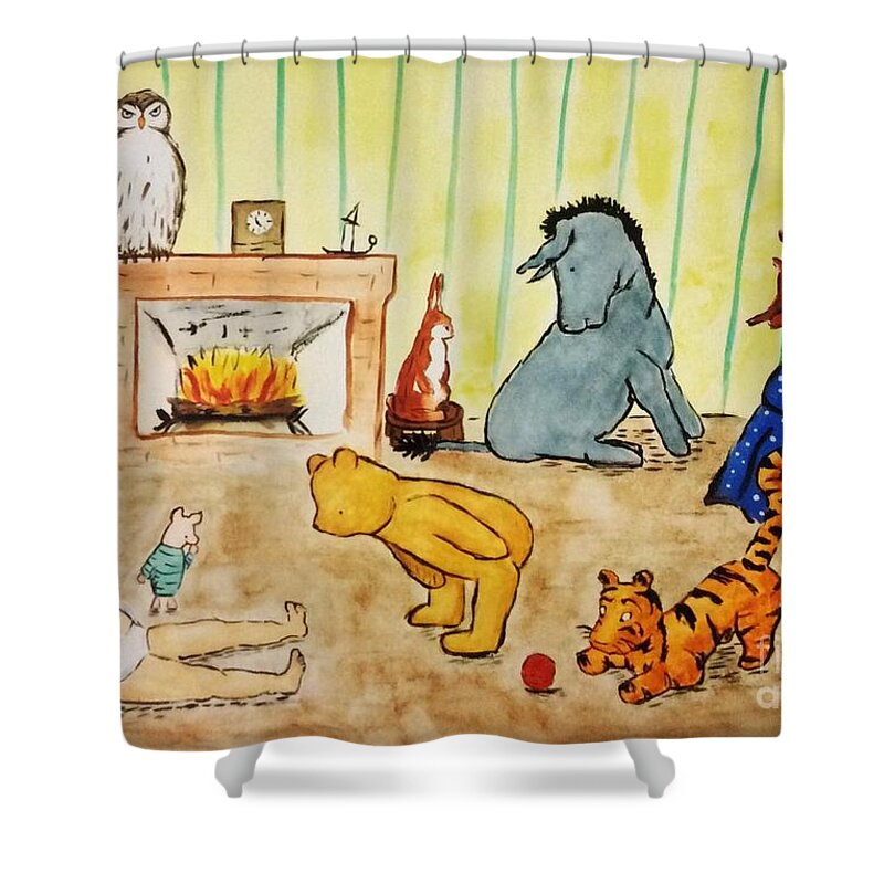 Classic Winnie The Pooh Shower Curtain featuring the painting Classic Winnie the Pooh and Friends by Denise Railey