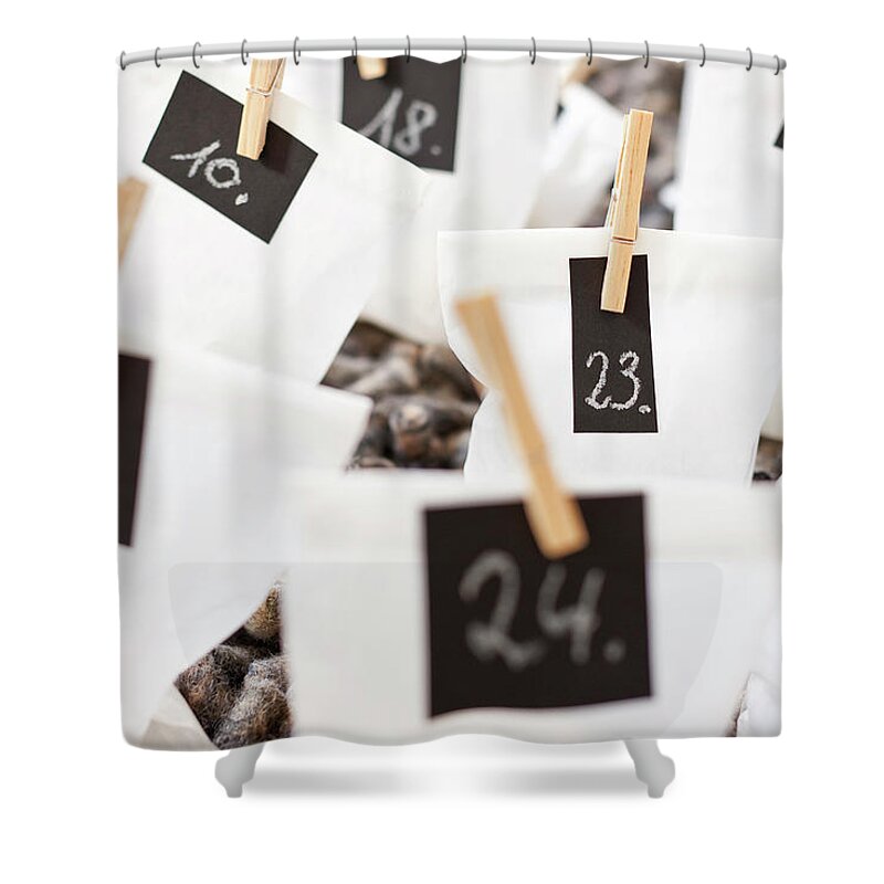 Braunschweig Shower Curtain featuring the photograph Close Up Of Numbered Bags #1 by Nils Hendrik Mueller