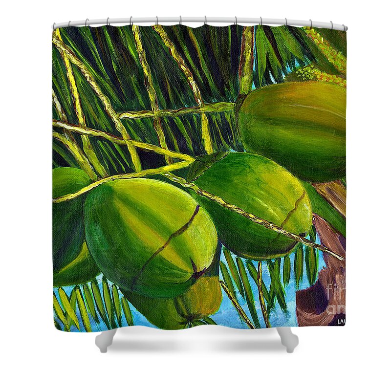 Coconuts Shower Curtain featuring the painting Coconuts at sunset by Laura Forde