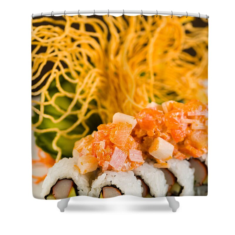 Asian Shower Curtain featuring the photograph Crab and Salmon Roll by Raul Rodriguez