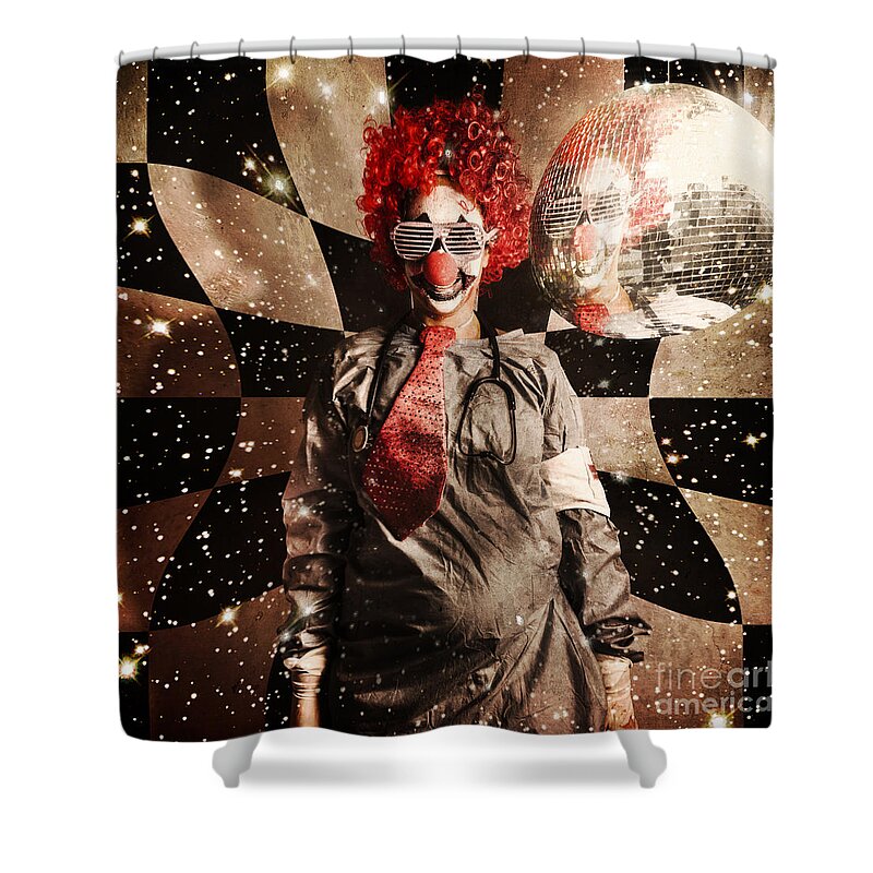 Party Shower Curtain featuring the photograph Crazy dancing disco clown on a psychedelic trip #1 by Jorgo Photography
