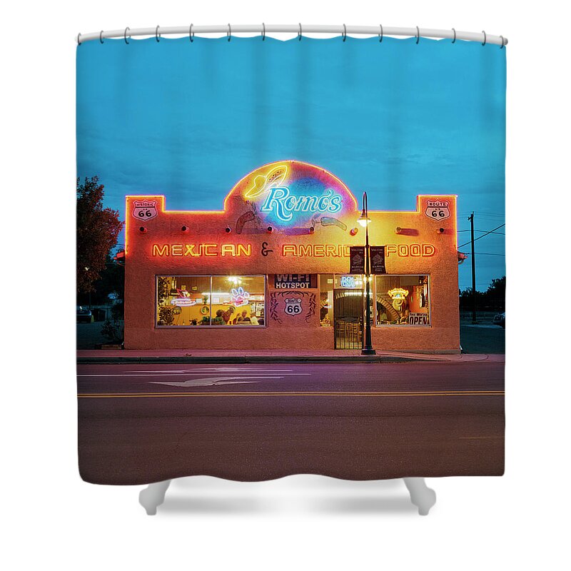 Tranquility Shower Curtain featuring the photograph Diner Along Route 66 At Dusk #1 by Gary Yeowell