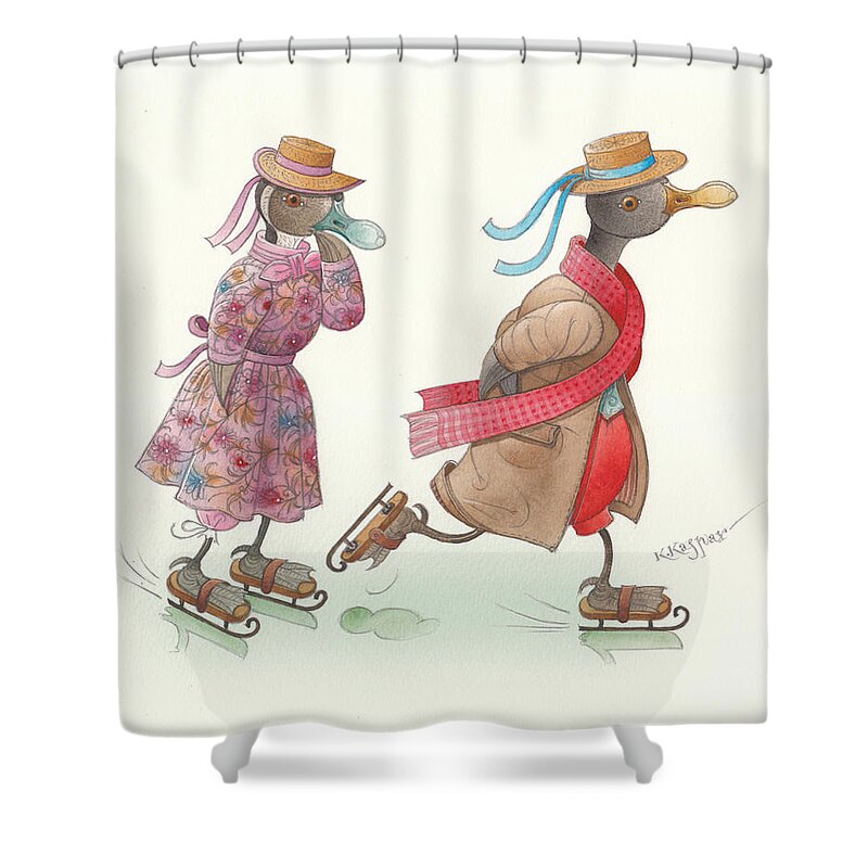 Christmas Winter Snow Ice Dance Skate Ducks Greeting Cards Violet Red White Shower Curtain featuring the painting Ducks on skates 15 by Kestutis Kasparavicius