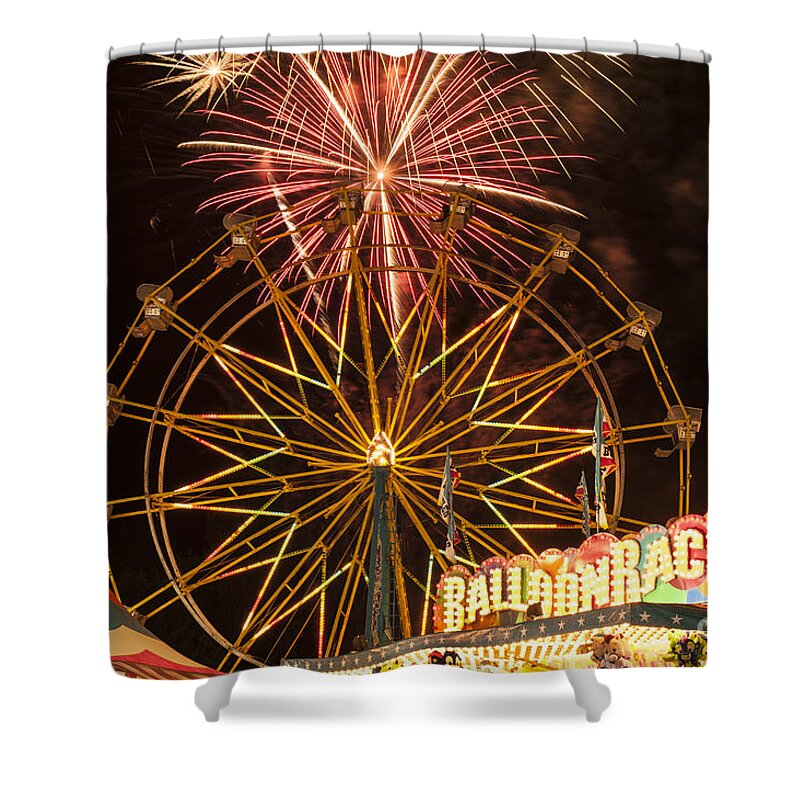 Americana Shower Curtain featuring the photograph Evergreen State Fair with ferris wheel and fireworks display #2 by Jim Corwin