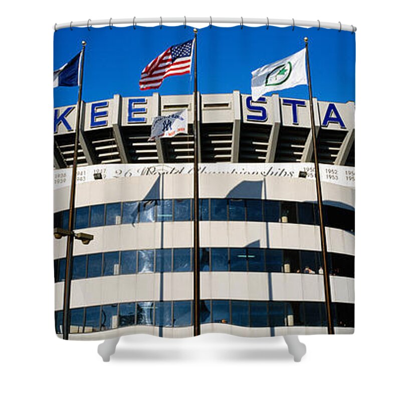 Photography Shower Curtain featuring the photograph Flags In Front Of A Stadium, Yankee #1 by Panoramic Images