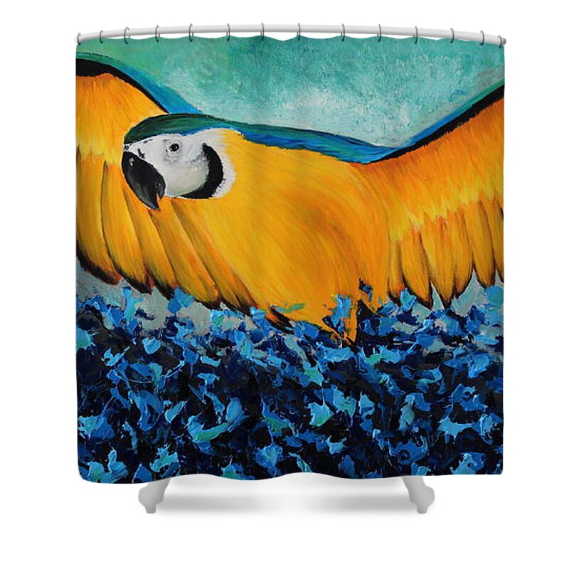 Art Shower Curtain featuring the painting Yellow Macaw by Preethi Mathialagan