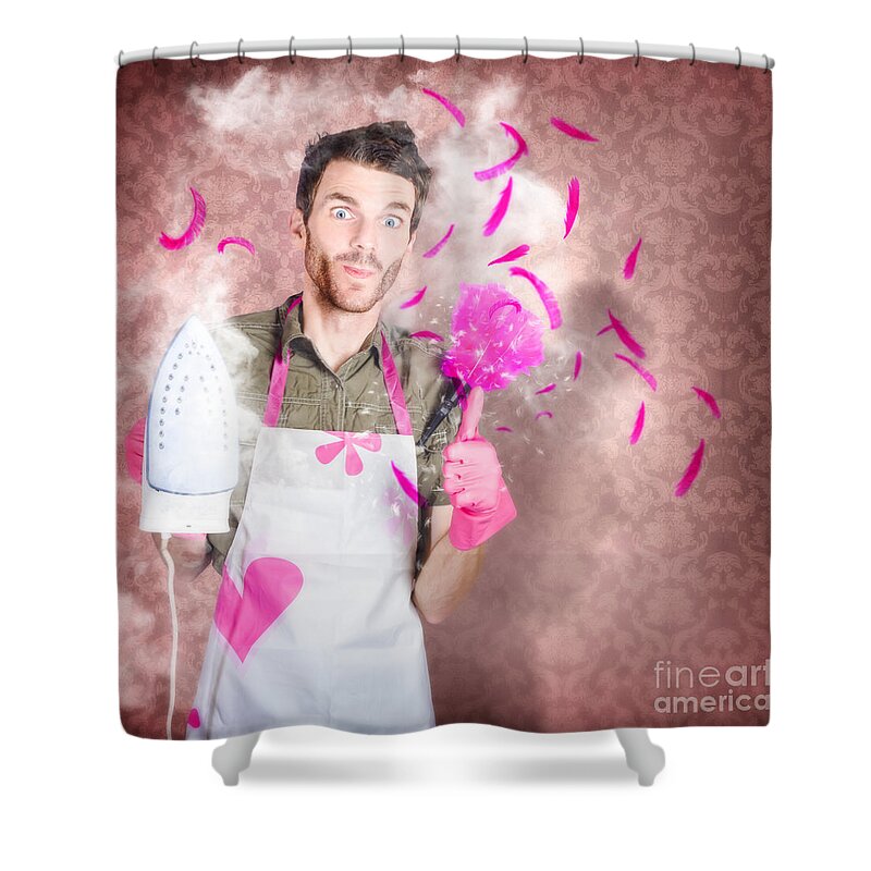 Cleaning Shower Curtain featuring the photograph Funny cleaning man doing housework chores #1 by Jorgo Photography